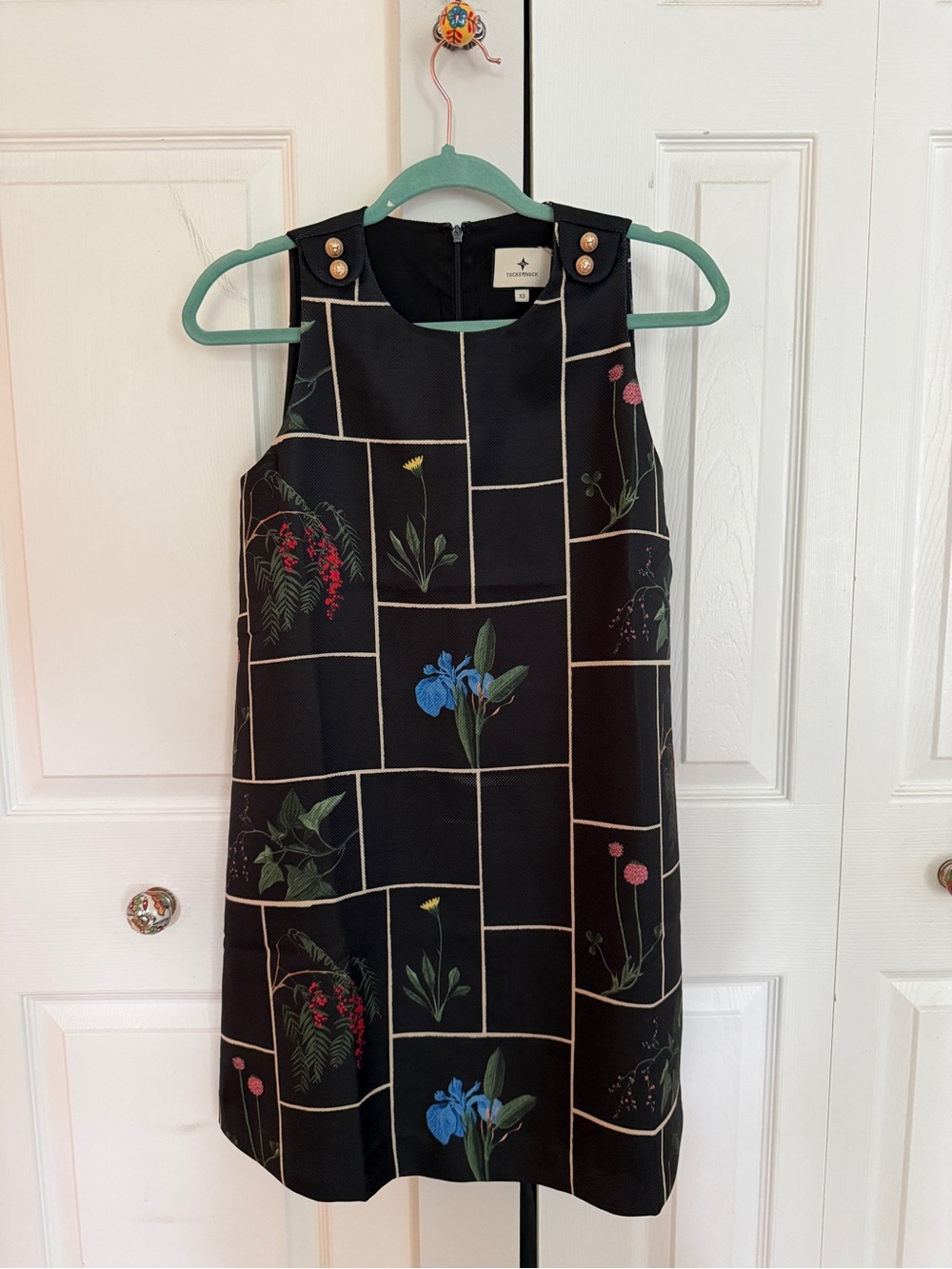 Tuckernuck Black Floral Grid Shift Dress with Gold Buttons